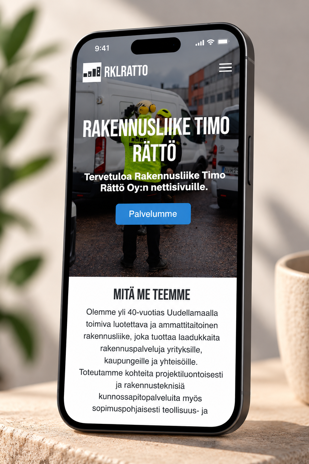 Construction company website on a smartphone