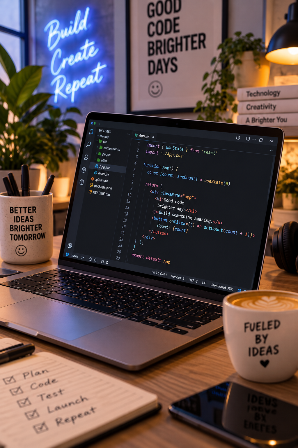 Cozy coding workspace with neon sign