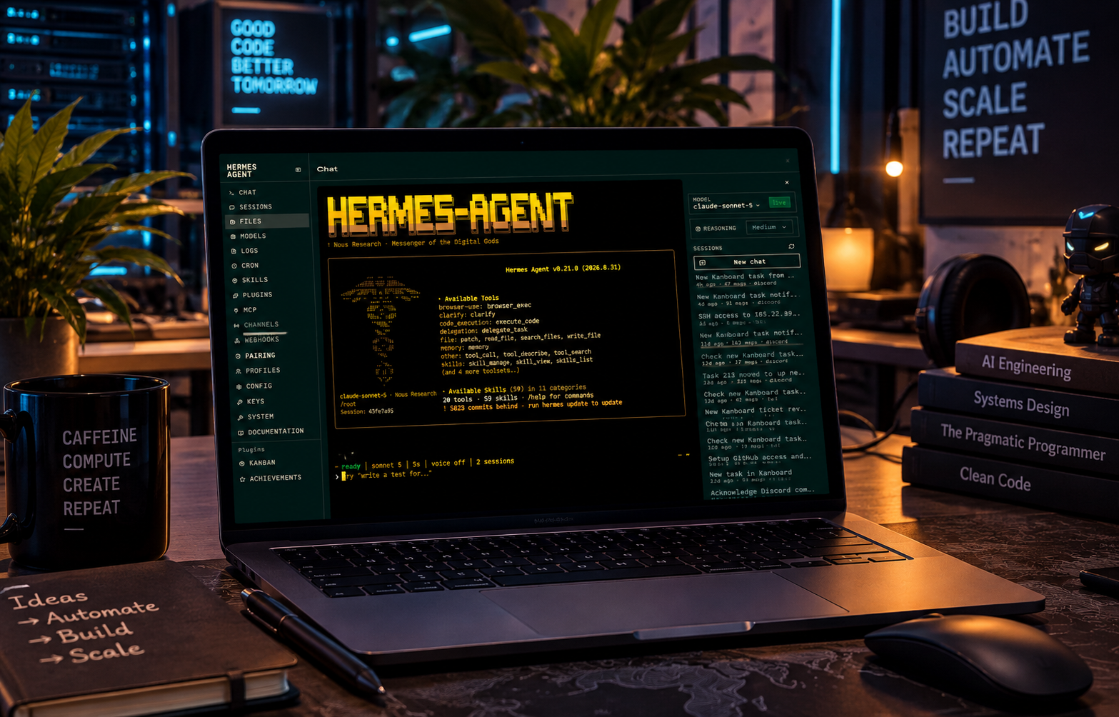 Hermes AI agent running on a laptop in a dark workspace