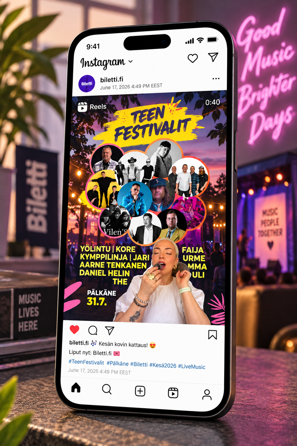 Festival Reels on a phone in a neon studio