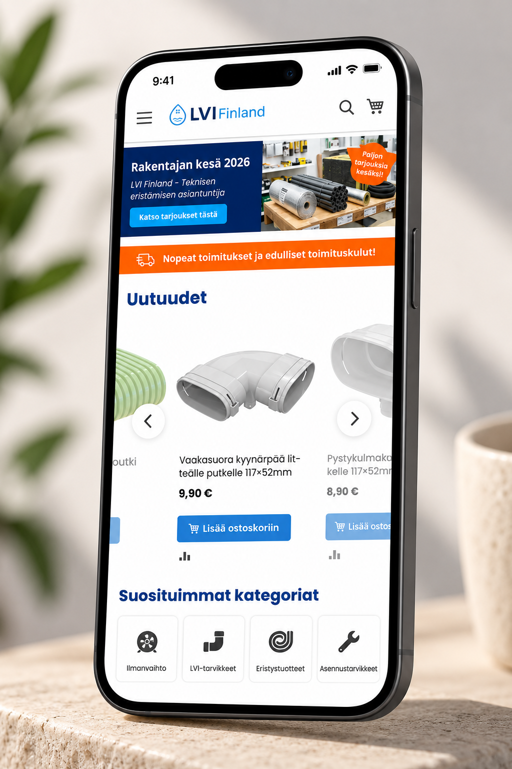 LVI Finland e-commerce store on a phone